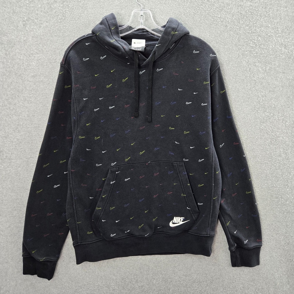VINTAGE Nike Men Sweatshirt Small Black Hoodie Logo Swoosh All Over Print Y2K